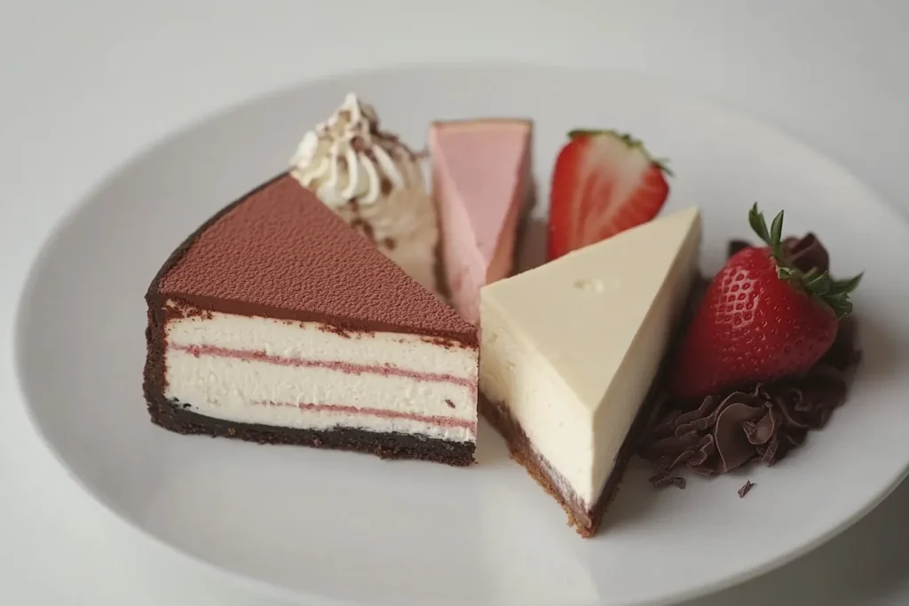 Chocolate swirl, strawberry, and classic cheesecake slices	