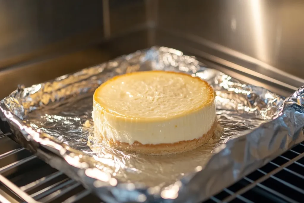 Cheesecake baking in a water bath inside the oven	