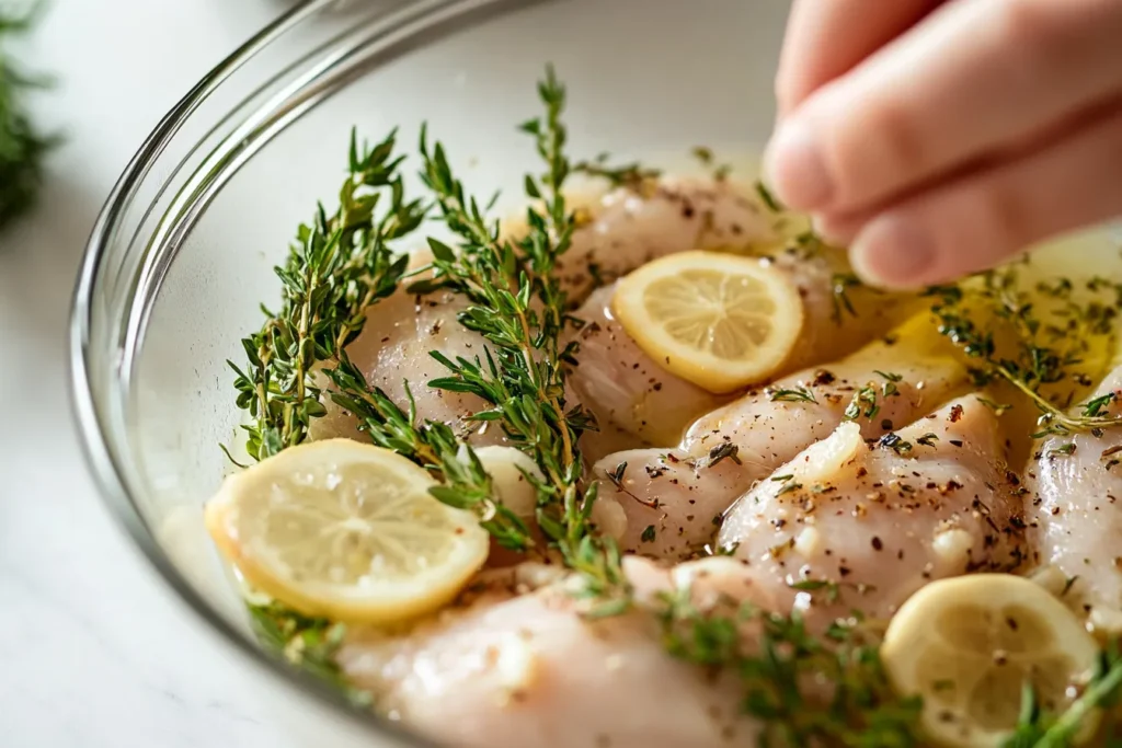 Chicken marinating in garlic, herb, and olive oil mixture