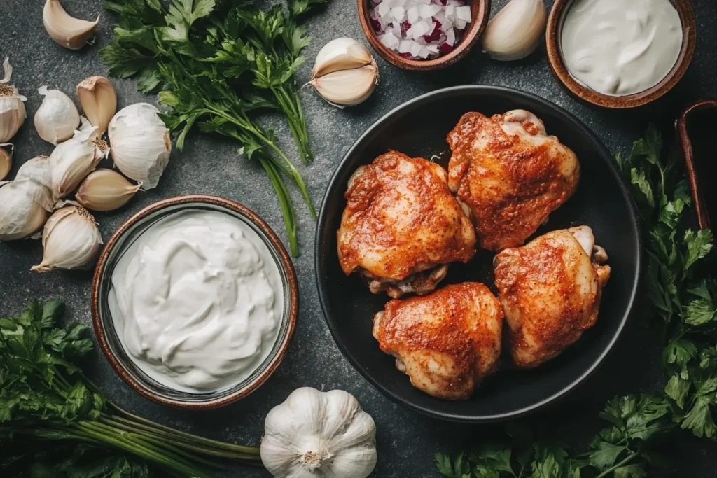 Raw ingredients needed to make easy chicken paprikash	