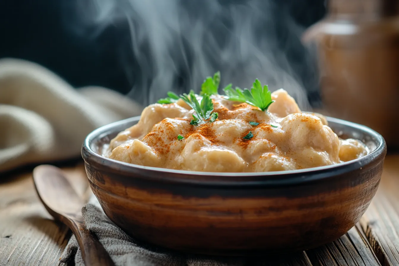 A bowl of easy chicken paprikash with paprika sauce and dumplings
