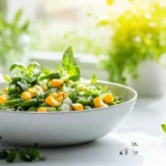 A bowl of chilled corn and green bean salad with fresh herbs