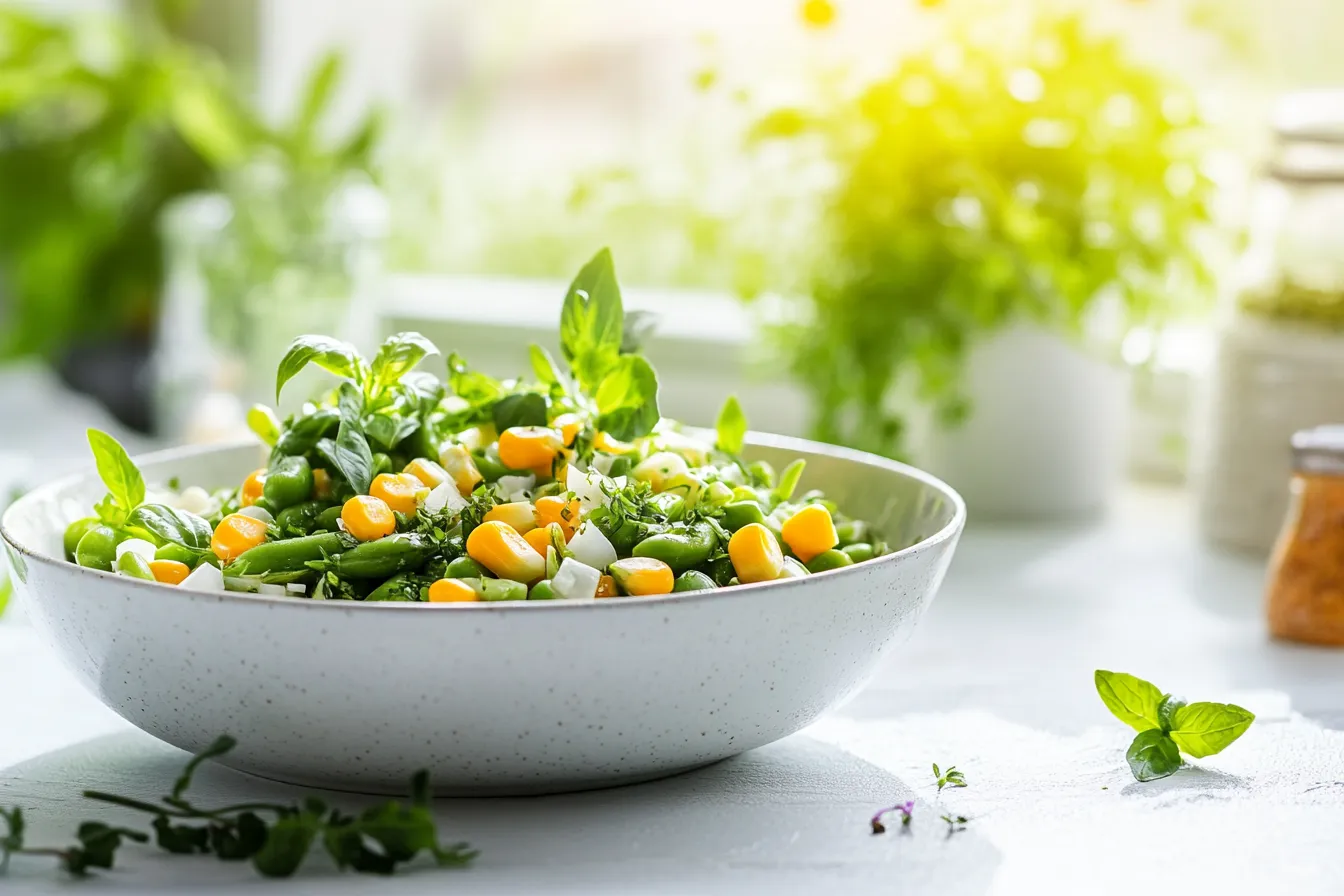 A bowl of chilled corn and green bean salad with fresh herbs