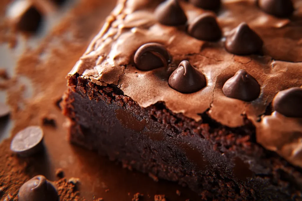 Close-up of fudgy sweet potato brownie with melted chocolate