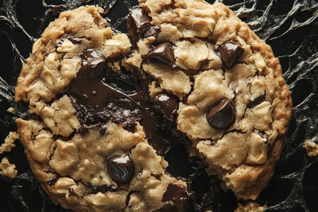 Close-up of chewy oatmeal cookie with chocolate chips