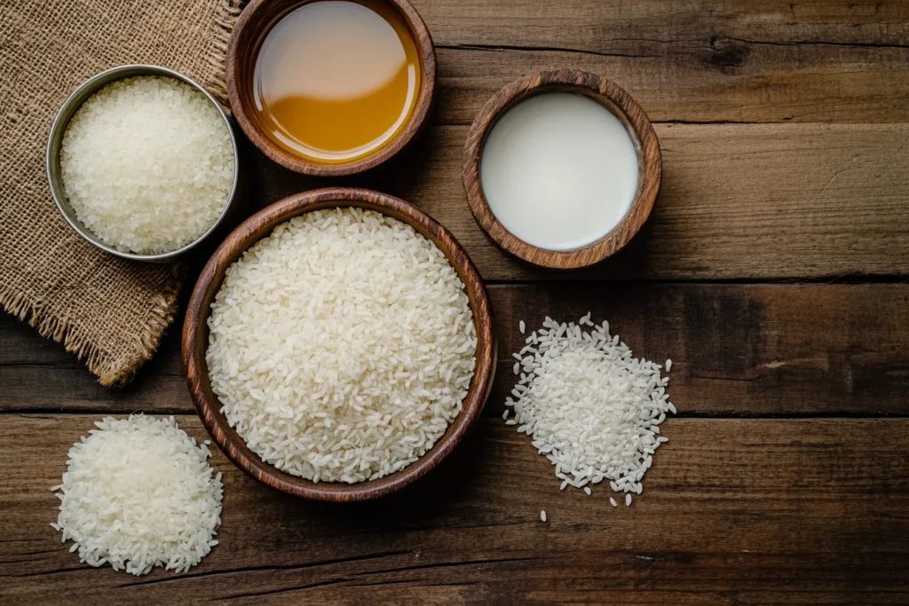 Essential ingredients for making rice pudding with coconut milk	