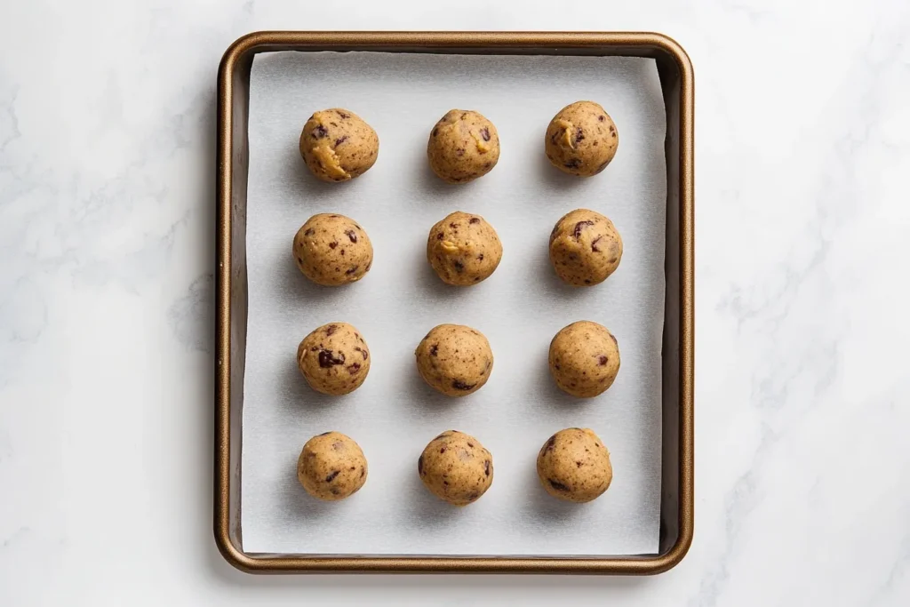 Oatmeal cookie dough balls on a baking sheet