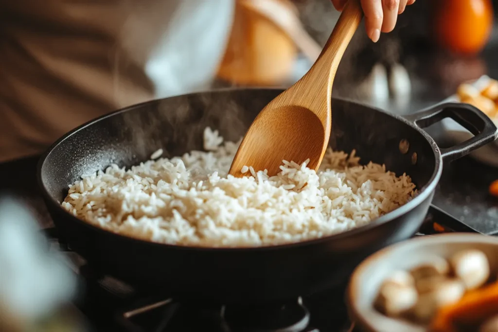 Cooking rice gently in a saucepan for coconut milk pudding	