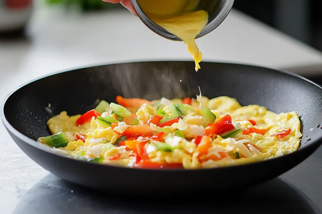 Step-by-step cooking process of making a veggie omelette in a frying pan