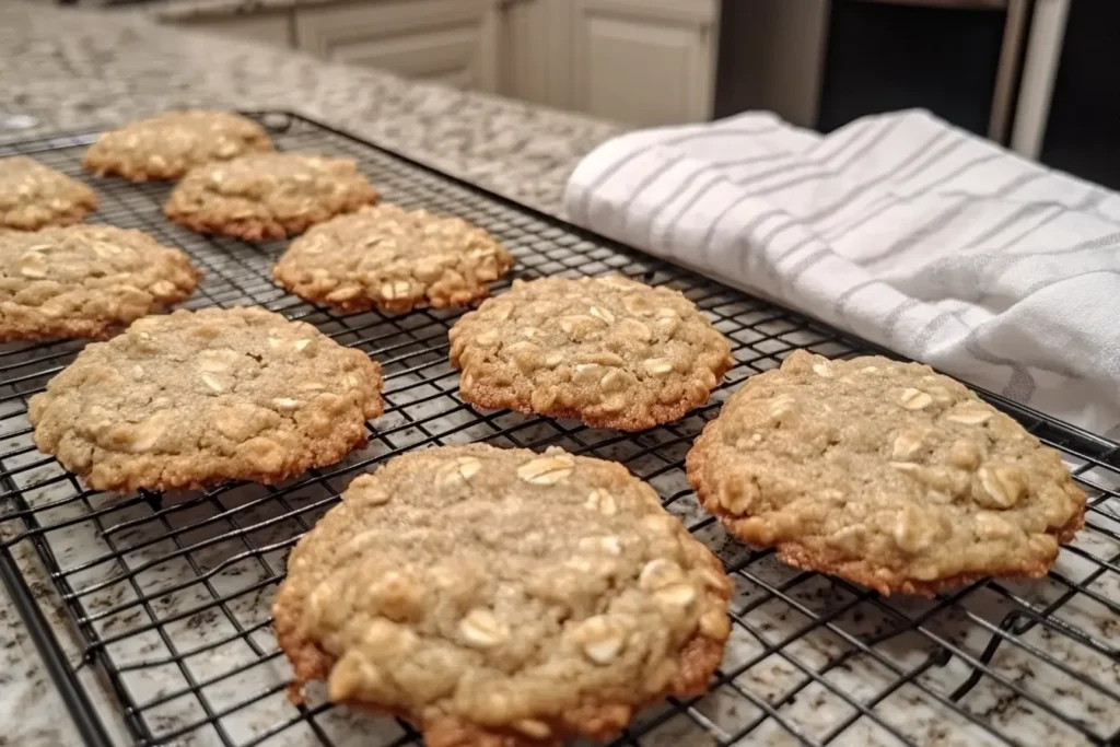 Oatmeal cookies cooling on a wire rack
