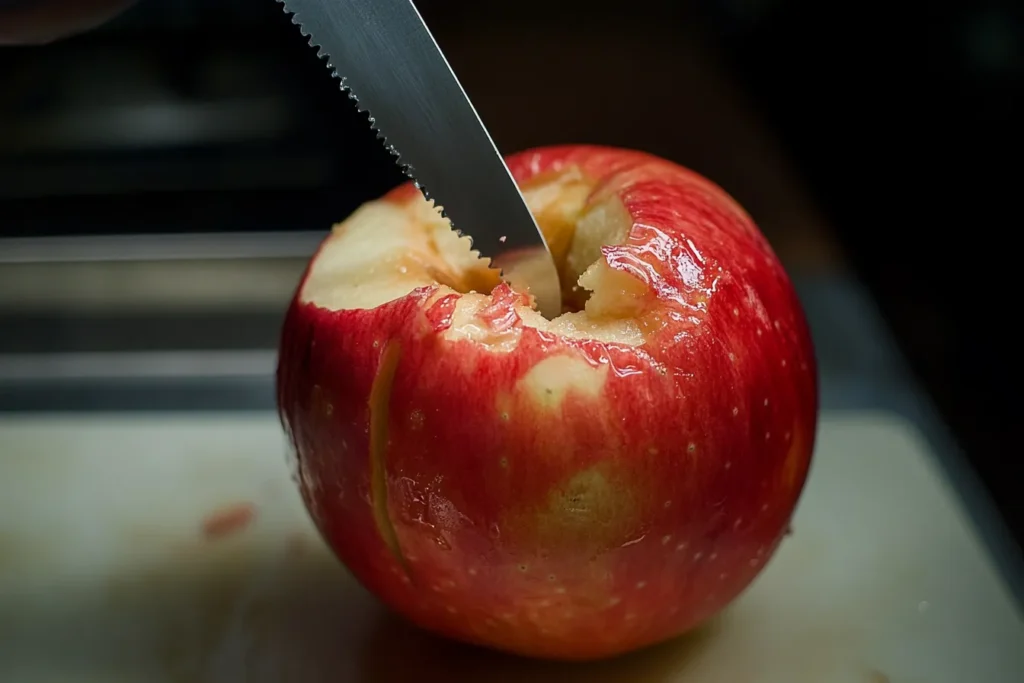 A hand coring an apple for baked apple preparation