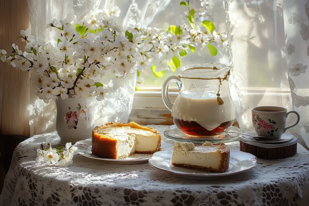 Cozy scene with cheesecake, coffee, and flowers	