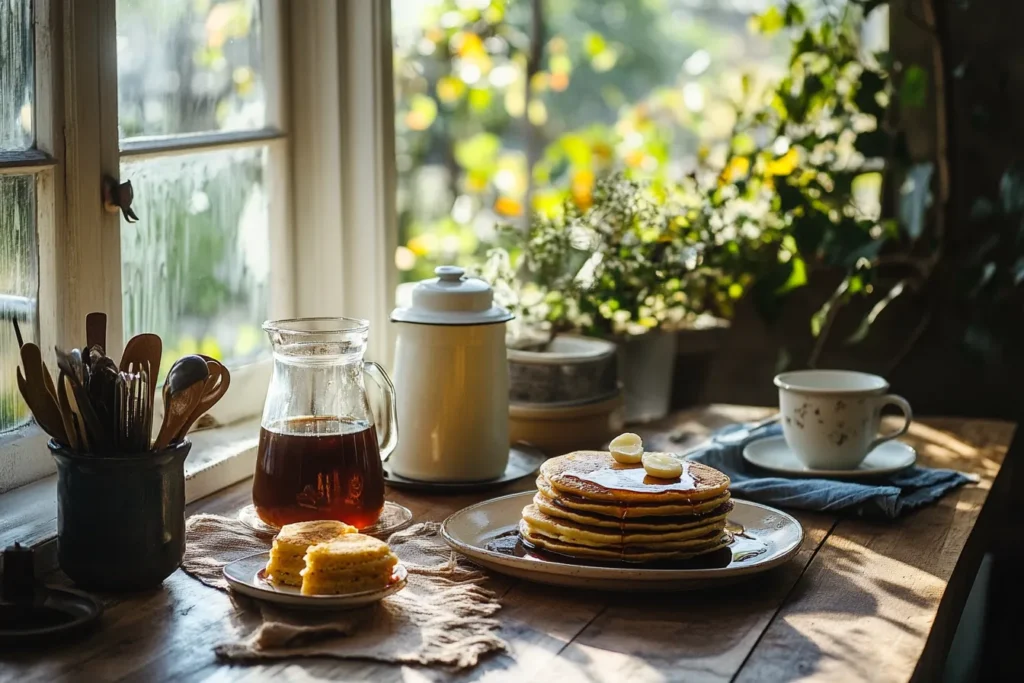 Cozy pancake breakfast scene with coffee and syrup