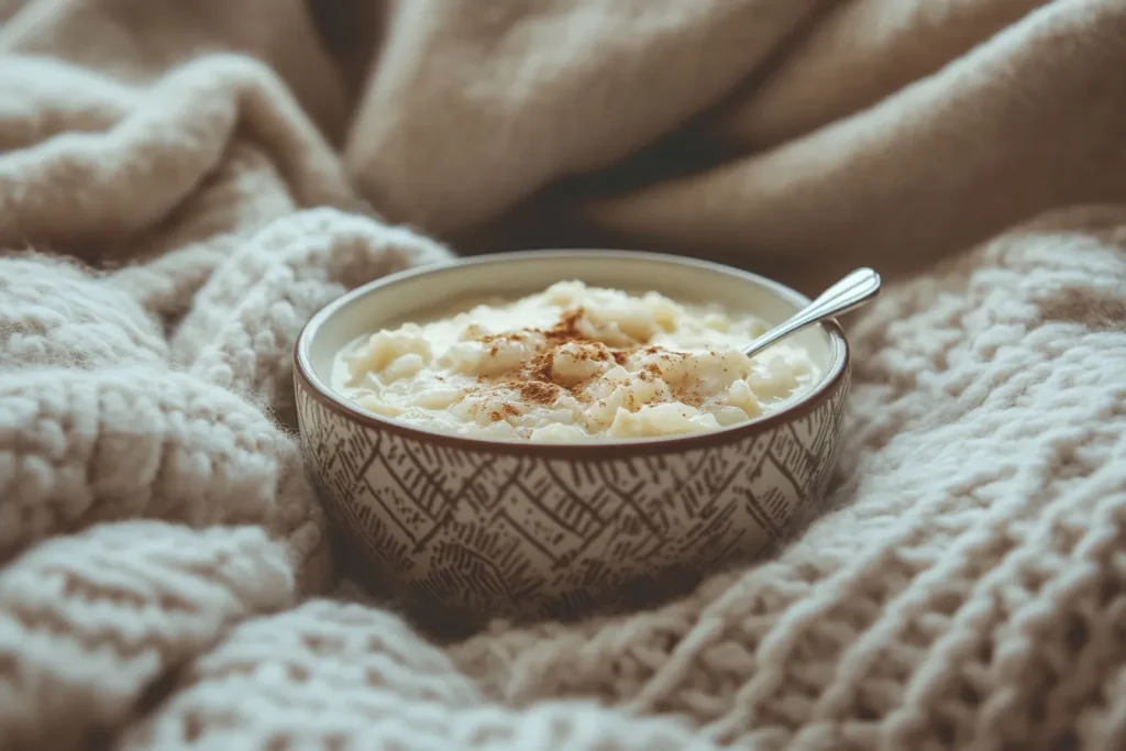 Enjoying a warm bowl of coconut milk rice pudding on a cozy day	