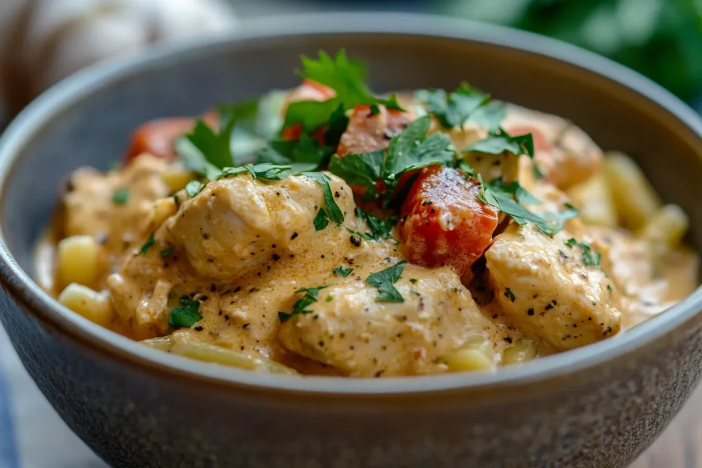 Creamy garlic herb chicken tossed with pasta and herbs