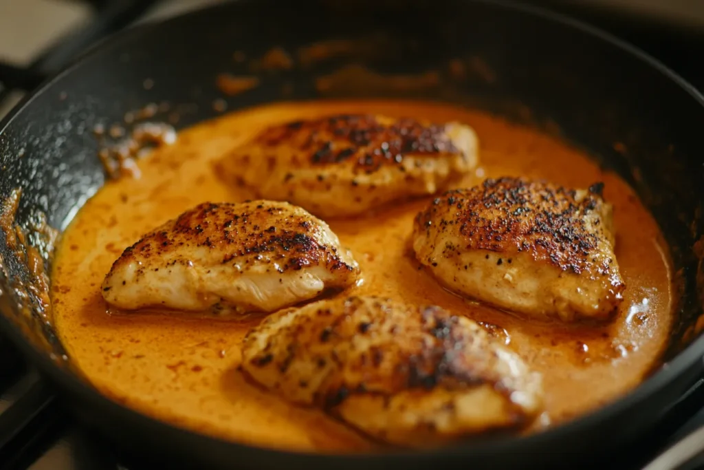 Final creamy chicken paprikash in skillet, ready to serve	