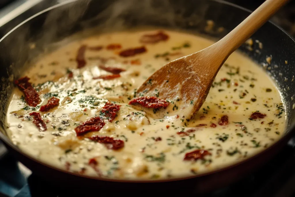 Creamy garlic tomato sauce being cooked for the salmon