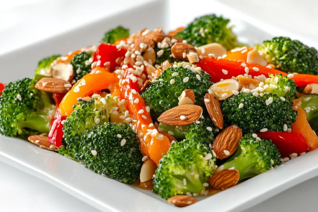 Broccoli salad topped with nuts and seeds on a clean plate