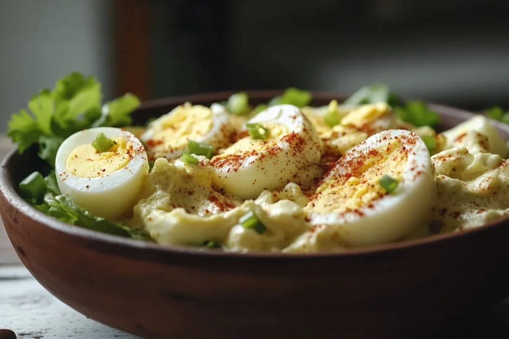 Egg salad variation inspired by deviled eggs with paprika topping