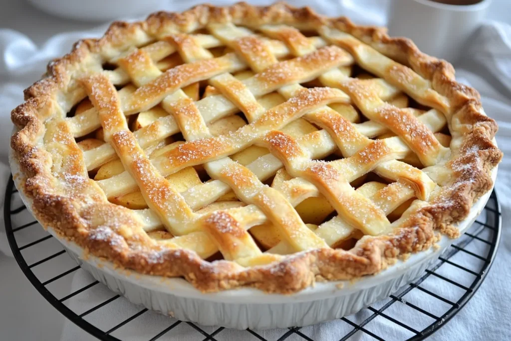 Dutch apple pie with crumb topping cooling on a rack