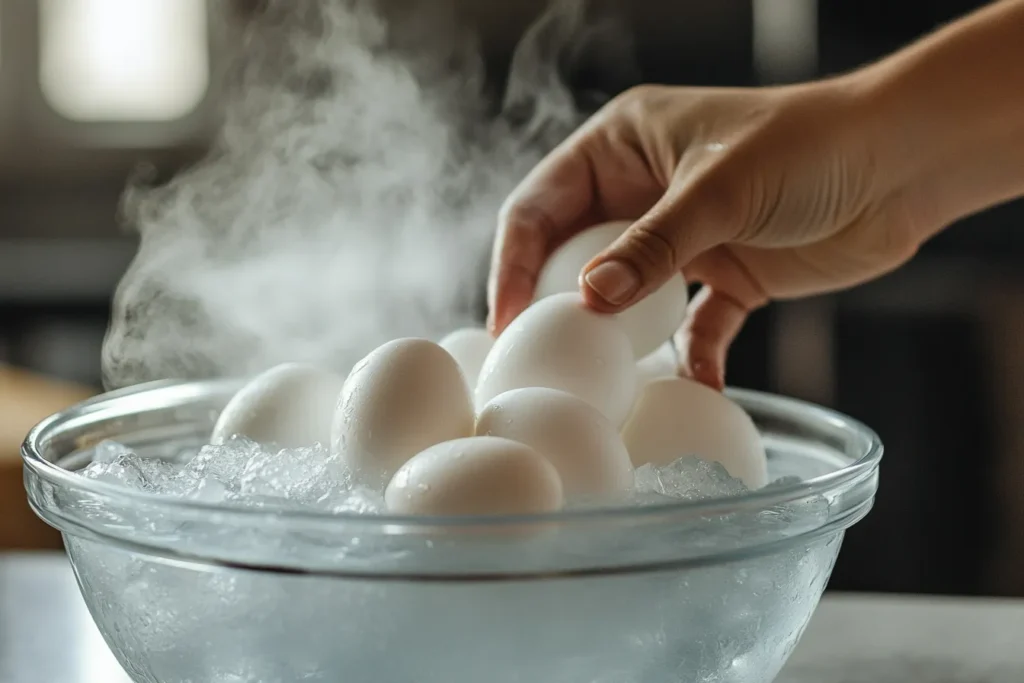 Hard-boiled eggs being cooled in ice water after boiling