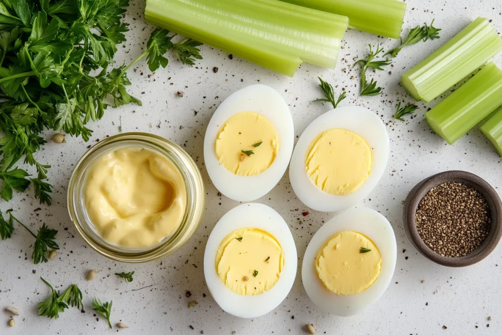 Ingredients for making egg salad, including eggs, mayo, and herbs
