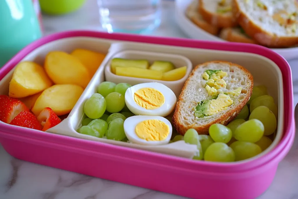 Egg salad sandwich packed in a lunchbox with healthy sides