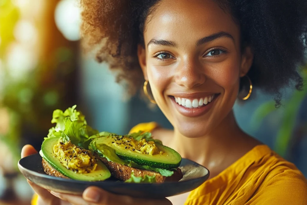 Person happily holding a plate of avocado toast