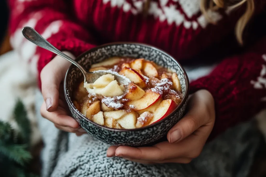 Someone enjoying a warm baked apple with a big smile