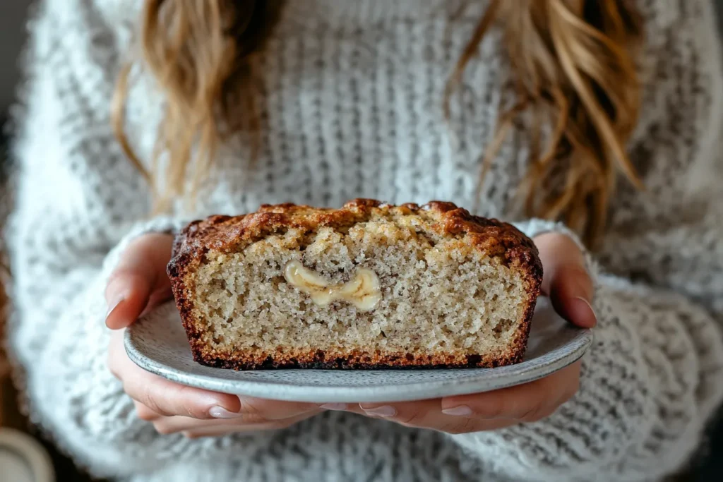 Happy person enjoying a freshly baked slice of banana bread