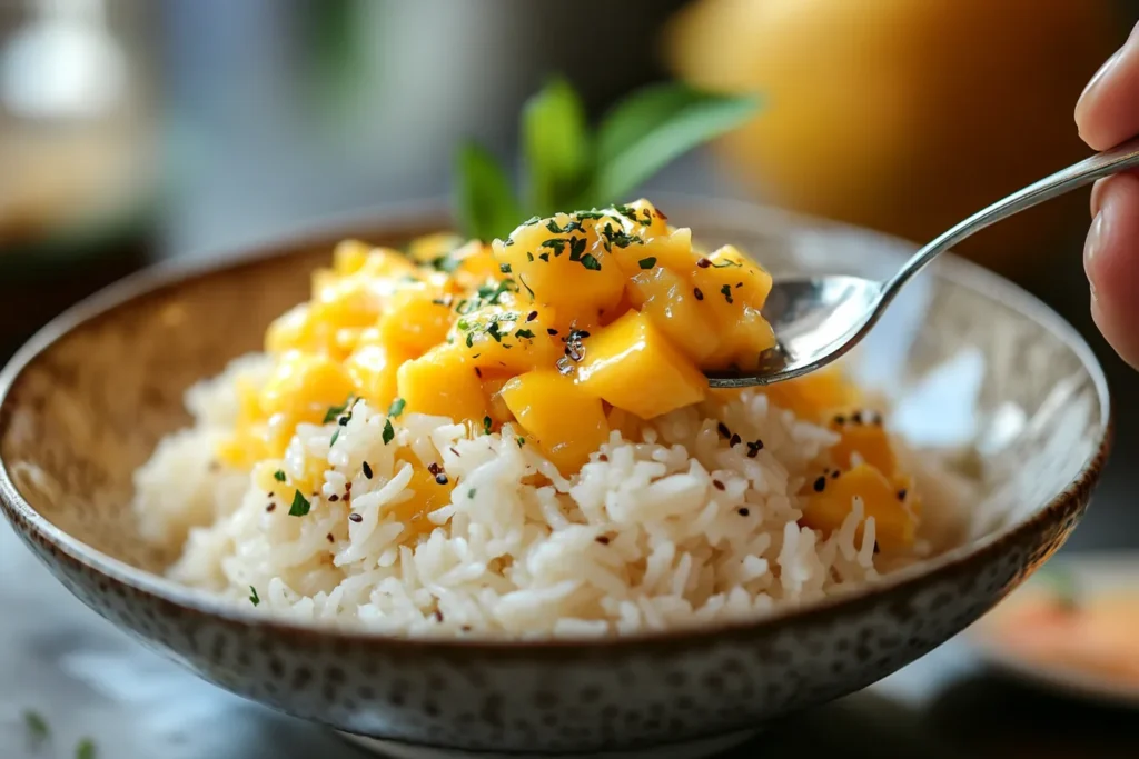 Someone enjoying mango sticky rice with a big smile