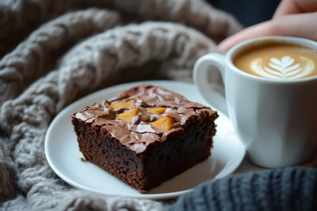 Cozy moment of enjoying a sweet potato brownie with coffee