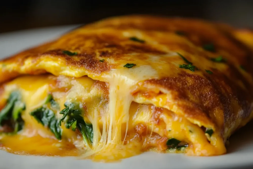 A folded cheese and greens omelet with visible filling and melted cheese