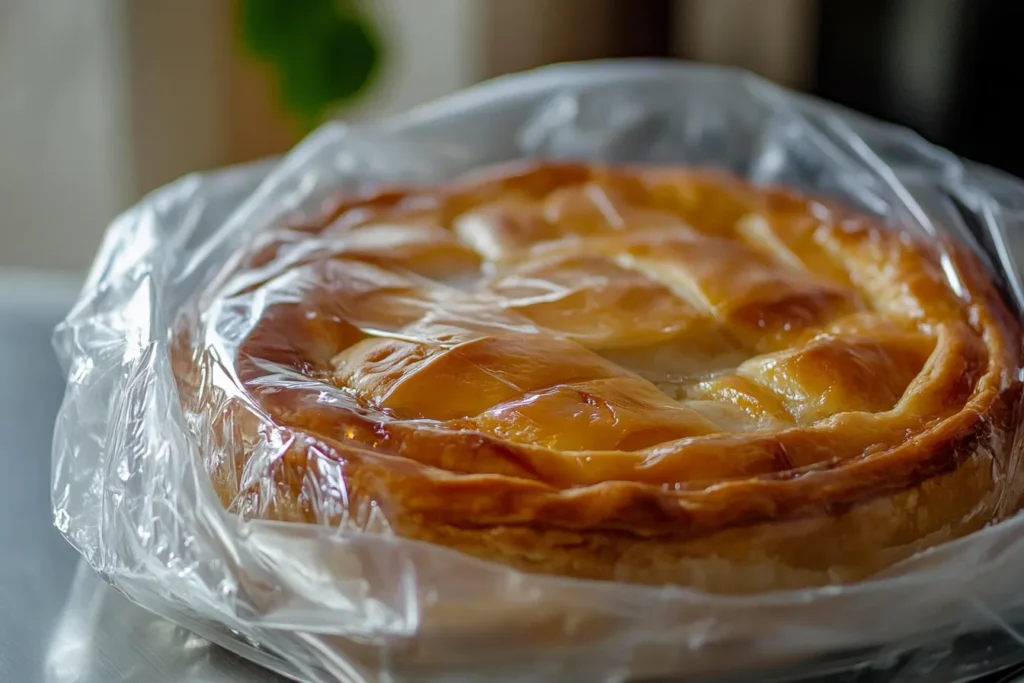 Apple pie wrapped and ready for freezer storage