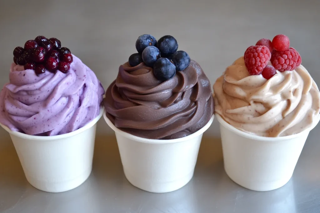 Various frozen yogurt flavor variations in cups	