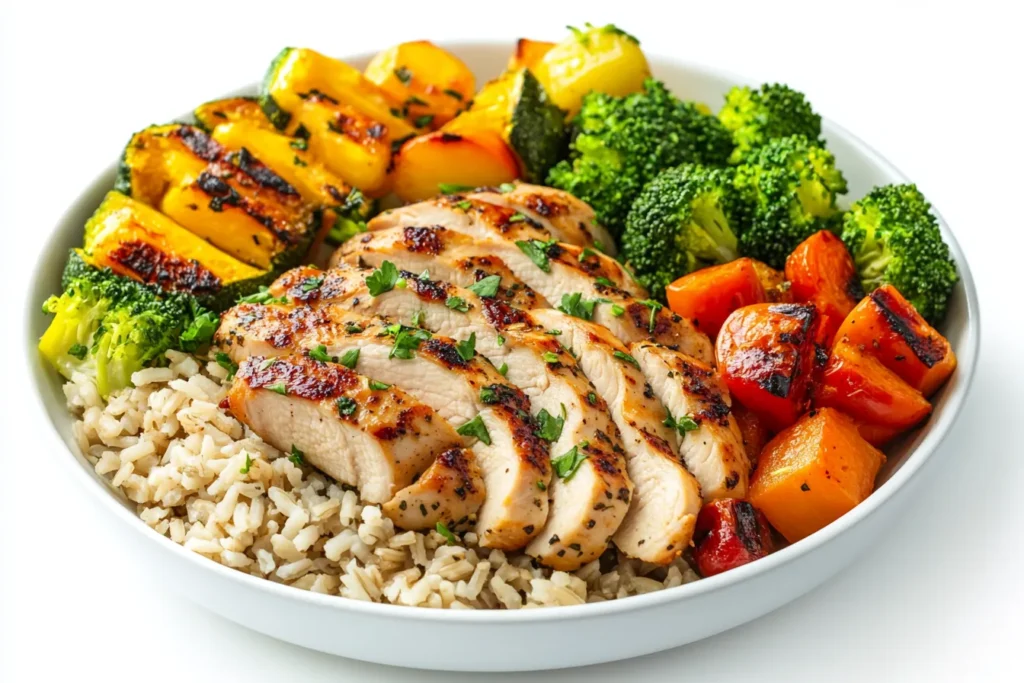 Healthy meal plate with garlic herb chicken, veggies, and rice