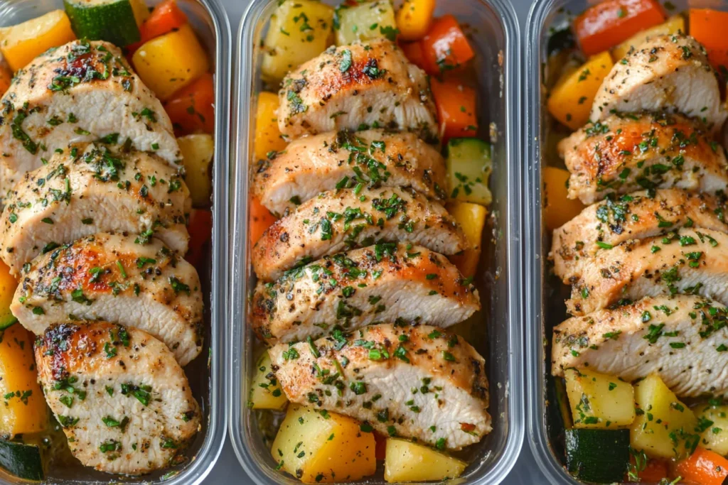 Meal-prep containers filled with garlic herb chicken and veggies