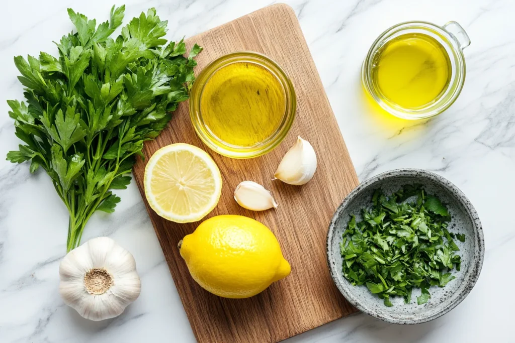 Flat lay of garlic herb marinade ingredients on a wooden surface
