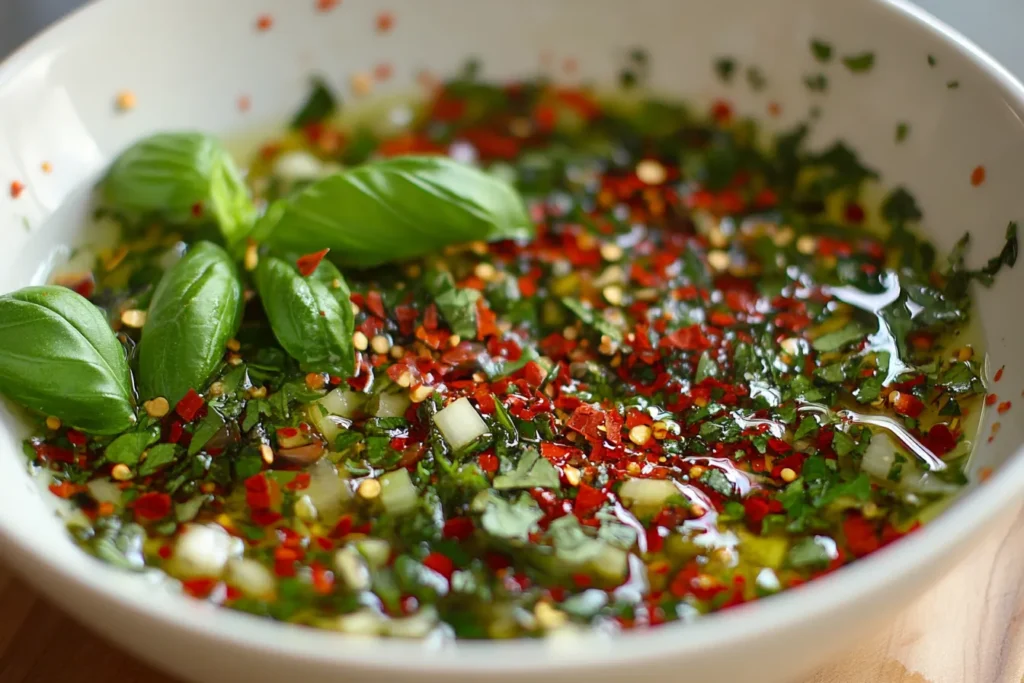 Fresh basil and chili flakes garnishing Marry Me Salmon