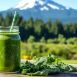 Green Mountain Smoothie in a glass jar with fresh greens and mountain vibes
