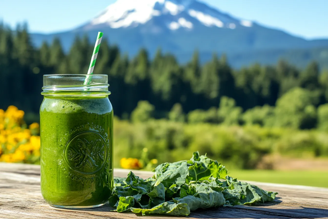 Green Mountain Smoothie in a glass jar with fresh greens and mountain vibes