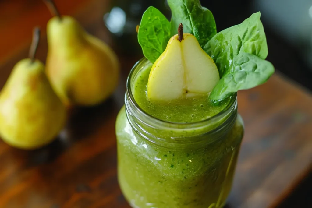 Green pear smoothie with spinach, lemon, and a garnish