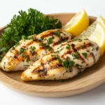 Grilled garlic herb marinated chicken served with lemon and parsley