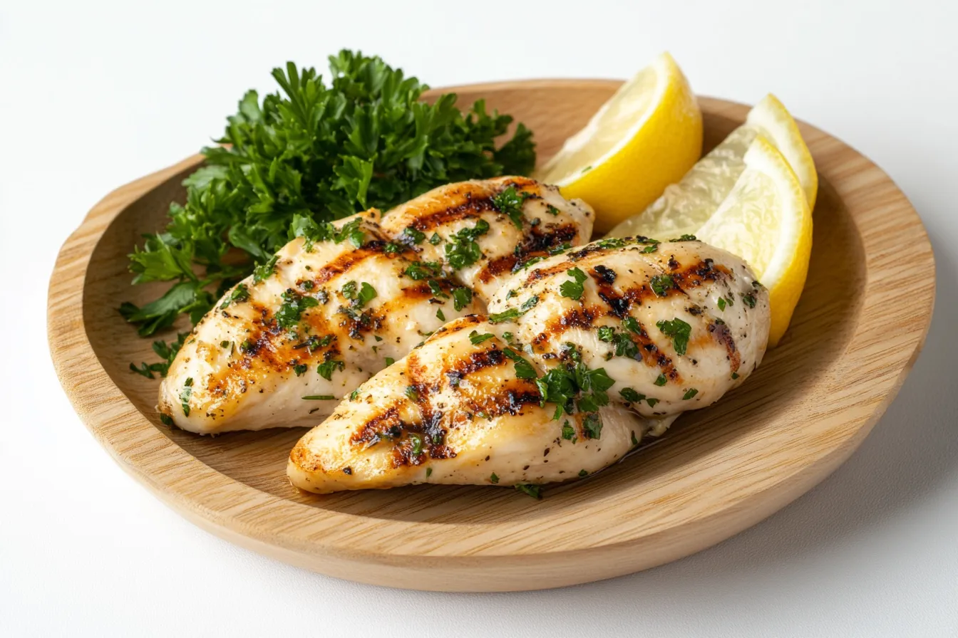 Grilled garlic herb marinated chicken served with lemon and parsley