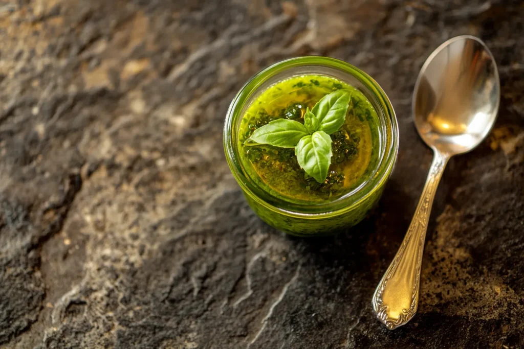 Thai basil dressing freshly made and ready to pour