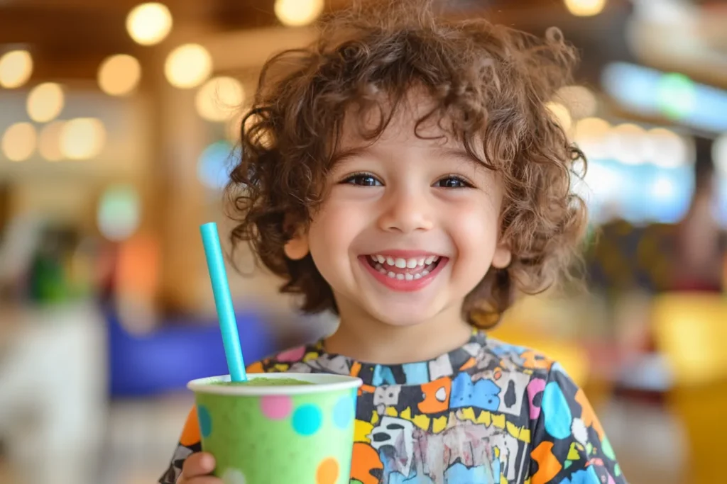 Child happily drinking green smoothie