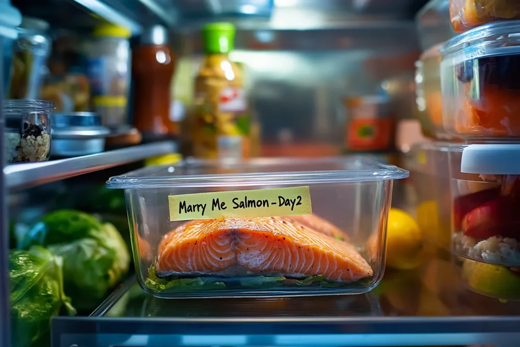 Leftover Marry Me Salmon stored in a glass container