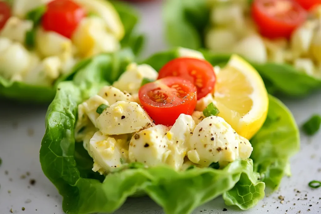 Egg salad in fresh lettuce wraps with tomatoes and lemon