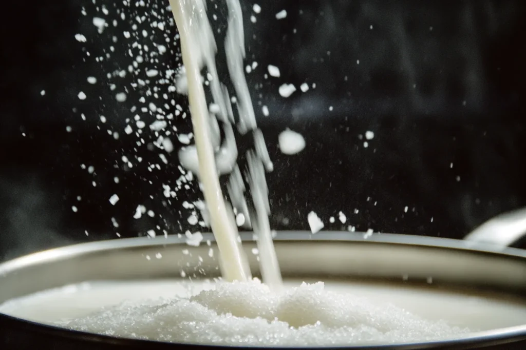 Coconut milk mixture for mango sticky rice in the cooking process