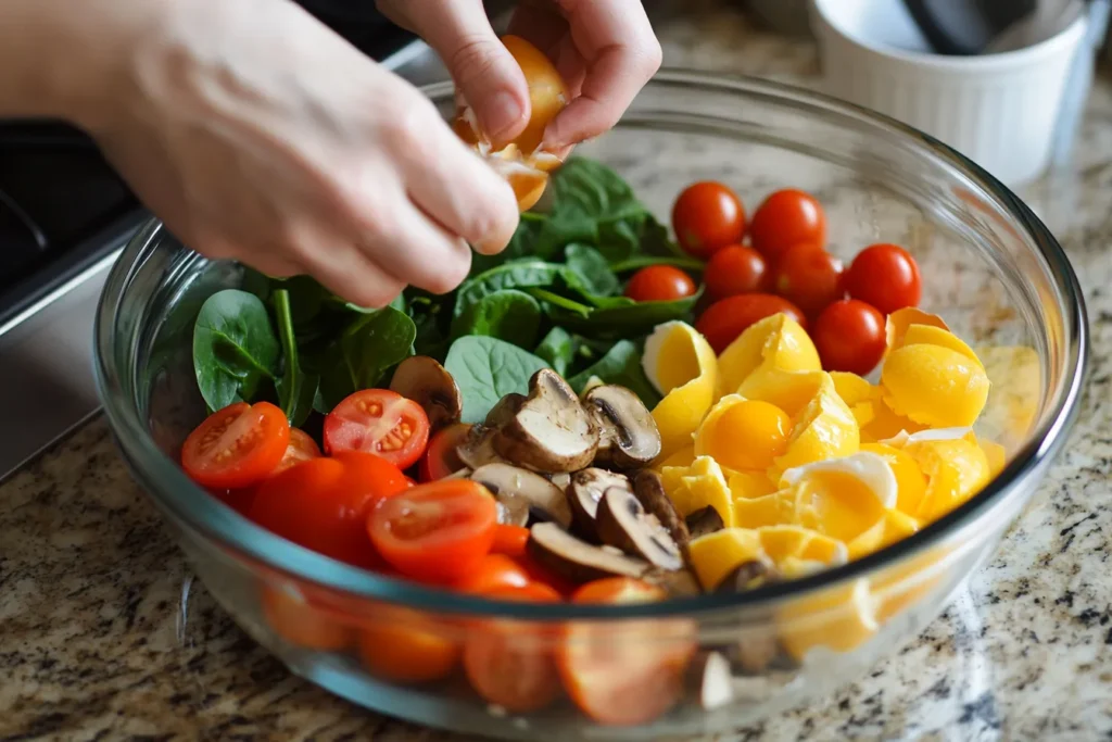 Hands cracking eggs into a bowl with fresh vegetables prepared for a veggie omelette